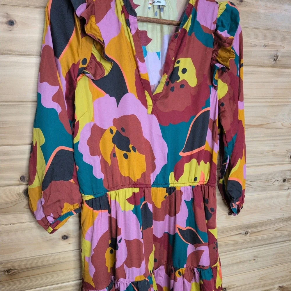 Marine Layer Floral Ruffle Tiered Mini Dress Tencel Burgundy Medium‎
